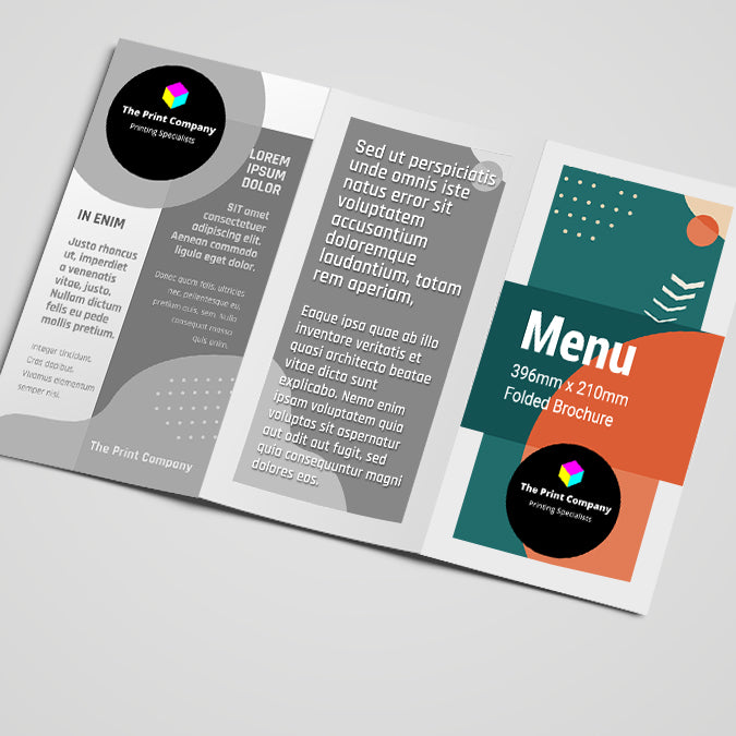 Folded printed menu measuring 396mm x 210mm, tri-panel layout with full-colour branding and placeholder text