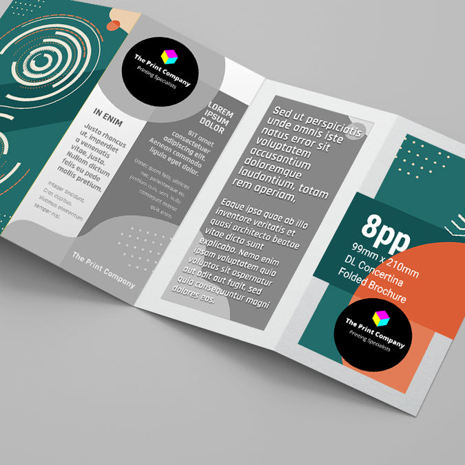 DL concertina folded brochure with 8 printed panels, 99mm x 210mm, ideal for promotional content