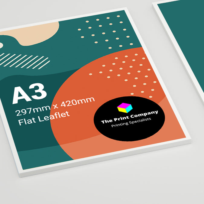 Close-up of flat A3 leaflet, 297mm x 420mm, with bright abstract branding by The Print Company
