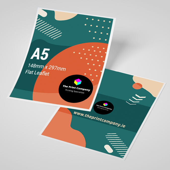 Front and back of an A5 flat leaflet sized 148mm x 210mm with vivid CMYK printing, great for double-sided flyers, marketing campaigns, or branded inserts.