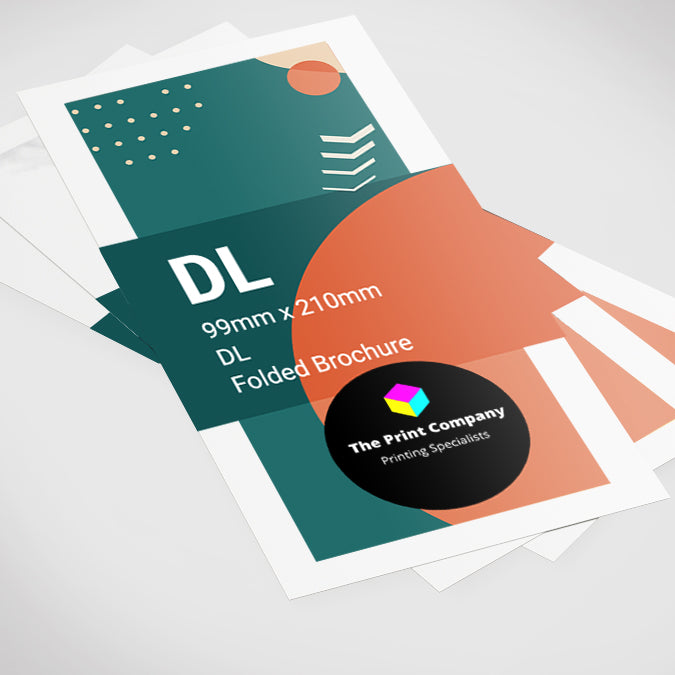 Stack of DL brochures folded to 99mm x 210mm, featuring vibrant artwork, suitable for menus, price lists, and service brochures with compact tri-fold design.