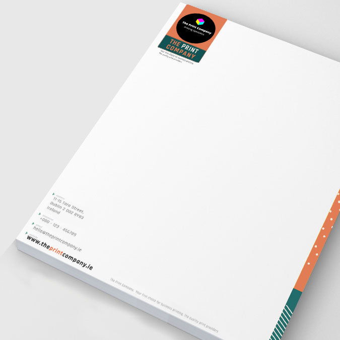 Custom-designed A4 letterhead with branded elements and full contact details, printed on smooth white stock, perfect for official stationery, invoices, or client correspondence.