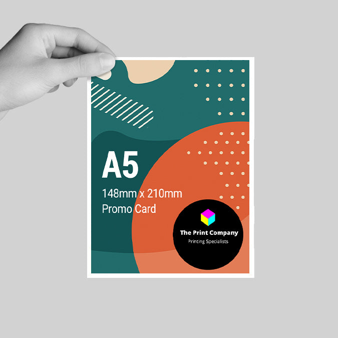 Single A5 promo card held in hand, printed 148mm x 210mm with full-bleed artwork, designed for direct mail, giveaways, or promotional displays.