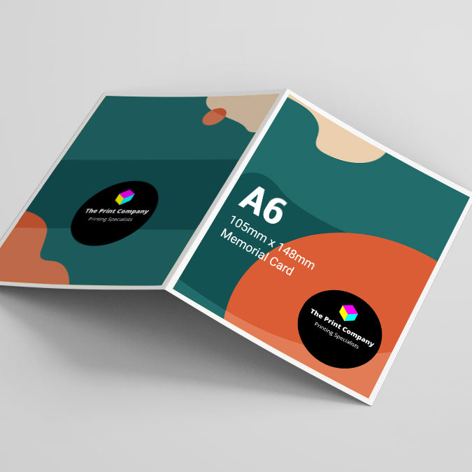 Folded A6 memorial card with soft, respectful colours and professional print finish, sized 105mm x 148mm, ideal for funeral services, remembrance, or tribute keepsakes.
