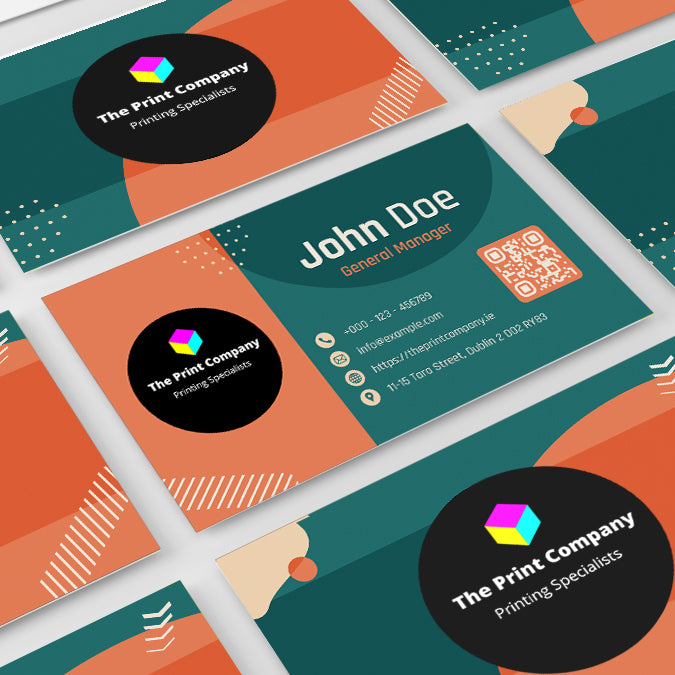 Spread of professionally printed business cards with consistent branding, QR codes, and contact details, designed for impactful first impressions and printed on uncoated card for a natural matte finish.