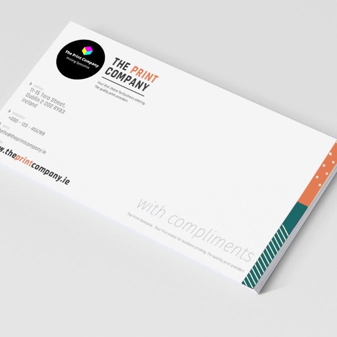 DL-size compliment slip printed with business branding and subtle design accents, ideal for including thank-you notes or professional inserts with customer orders.