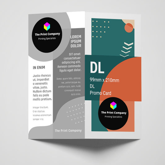 DL size 4-page promotional card with custom print layout, 99mm x 210mm folded brochure