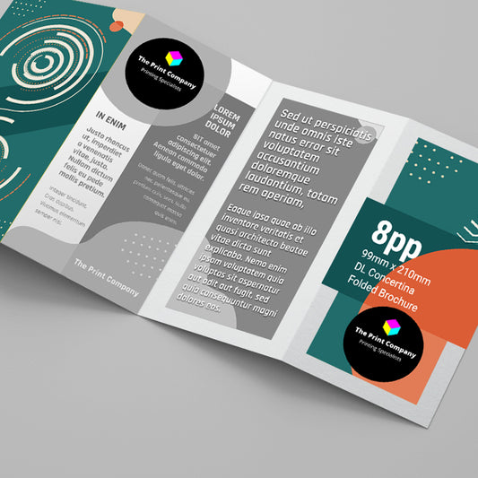 DL concertina folded brochure with 8 printed panels, 99mm x 210mm, ideal for promotional content