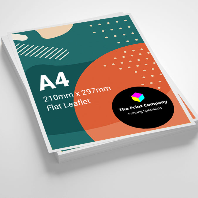 Stack of A4 flat leaflets sized 210mm x 297mm featuring bold abstract graphics, ideal for flyer printing, event promotion, or in-store handouts on premium paper stock.