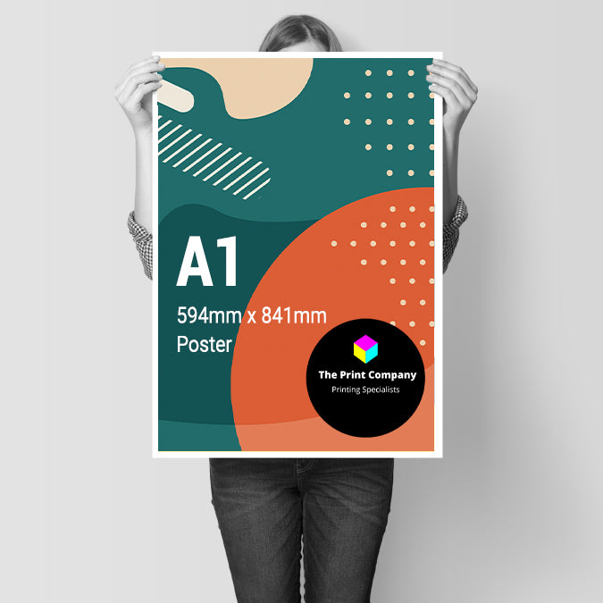 Person holding a vibrant A1 size poster, 594mm x 841mm, featuring abstract design in orange, teal and cream for The Print Company