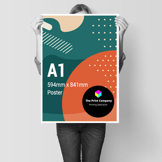 Person holding a vibrant A1 size poster, 594mm x 841mm, featuring abstract design in orange, teal and cream for The Print Company
