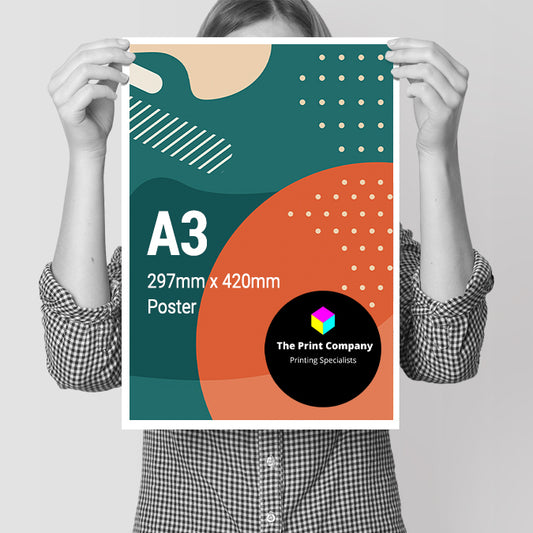 Person holding an A3 poster, 297mm x 420mm, featuring bold colours and branded artwork from The Print Company