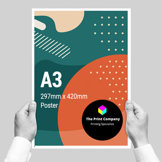 Person holding an A3 poster, 297mm x 420mm, featuring bold colours and branded artwork from The Print Company