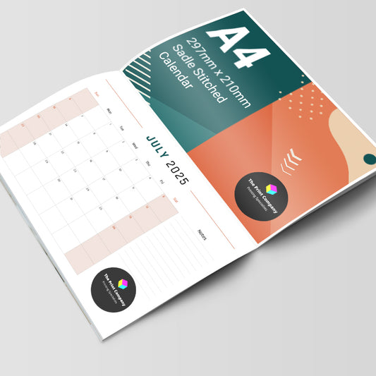 A4 saddle-stitched wall calendar for July 2025, printed with custom design on 297mm x 210mm paper