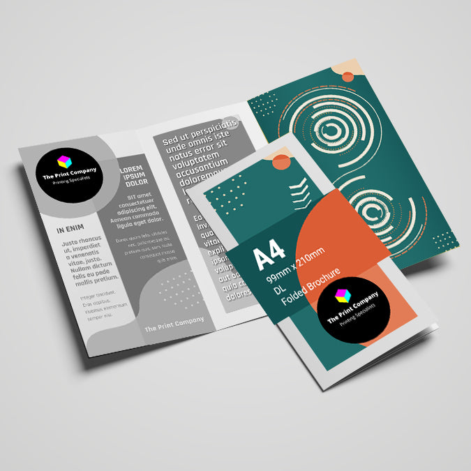 Tri-fold A4 brochure folded to DL size (99mm x 210mm) with colourful cover and clear inner layout, designed for informative printing needs such as menus, service guides, or product catalogues.