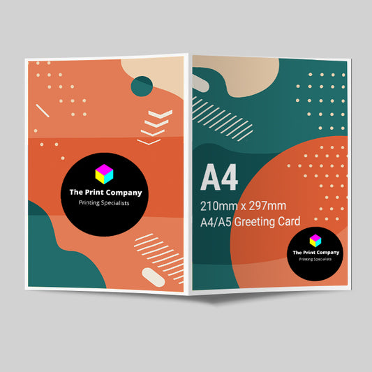 Folded A4 greeting card showcasing a contemporary, full-bleed print design, produced on quality cardstock for personal or corporate greetings, folded neatly to A5 size.
