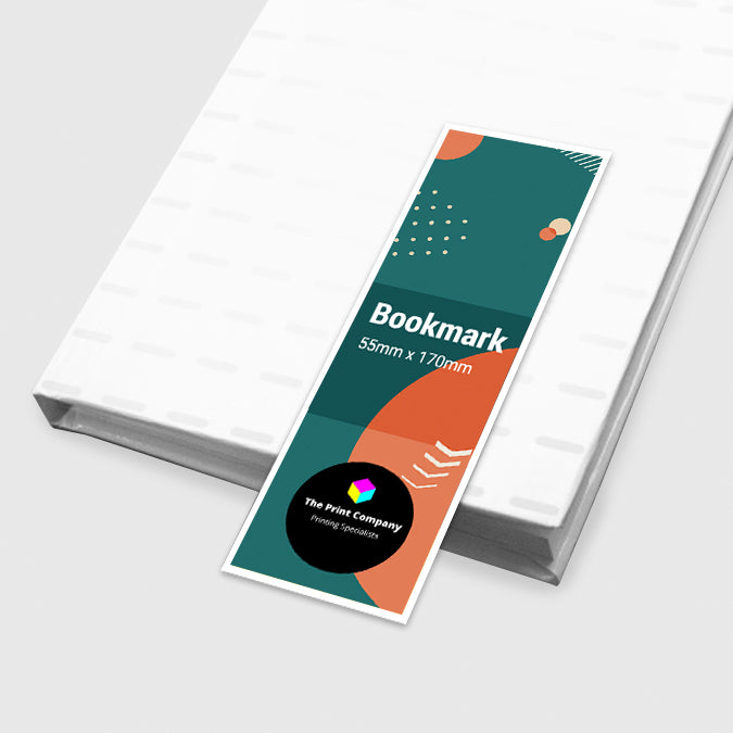 Custom-printed bookmark sized 55mm x 170mm with modern graphics and vibrant colours, perfect for branding, event giveaways, or personalised reading accessories.