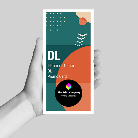 DL promotional card sized 99mm x 210mm held in hand, showcasing modern artwork, used for slim-format marketing materials, rack cards, or leaflet drops.