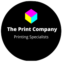 Logo of The Print Company, featuring a colorful cubic icon with the colors magenta, cyan, and yellow, accompanied by the text 'Printing Specialists'.